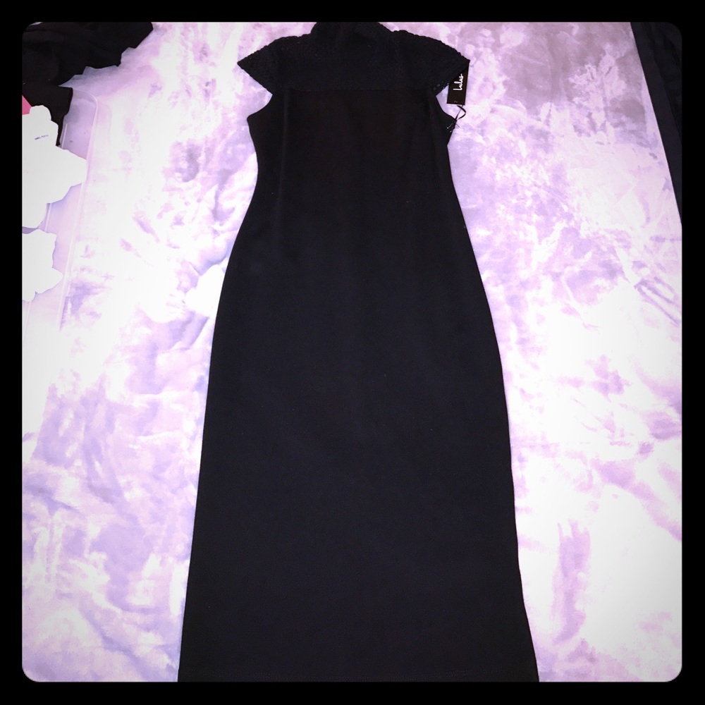 Black mesh detail midi dress