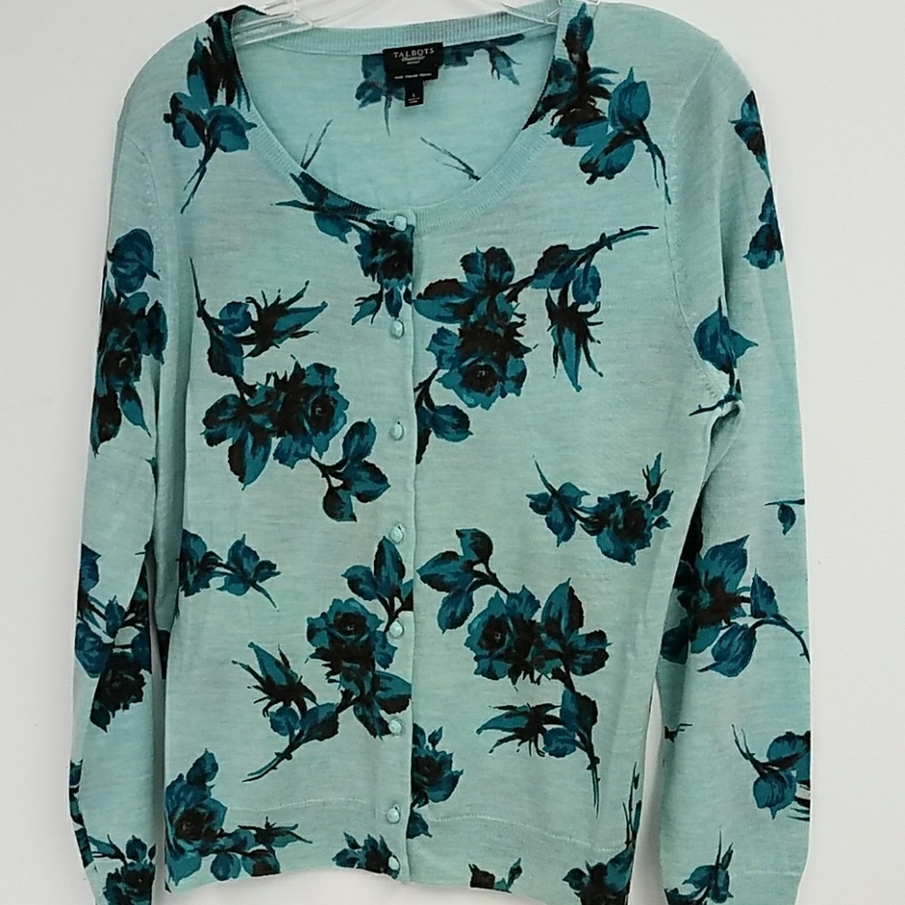 Talbots blue floral cardigan sweater