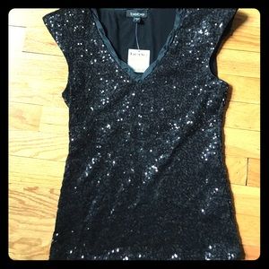 Bebe NWT Black Sequin V Neck Top