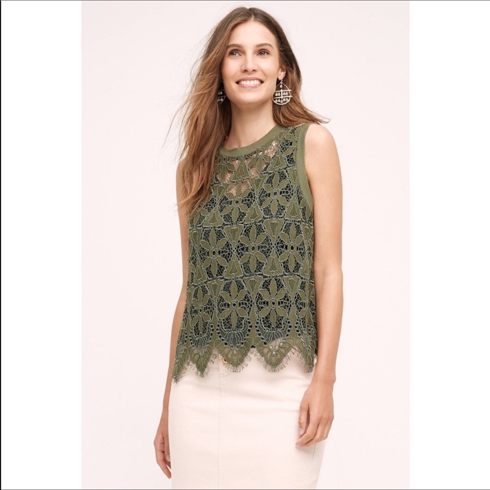 ANTHROPOLOGIE Olive Laced Crochet Sleeveless Top