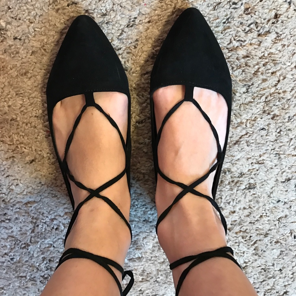 Black lace up ballet flats