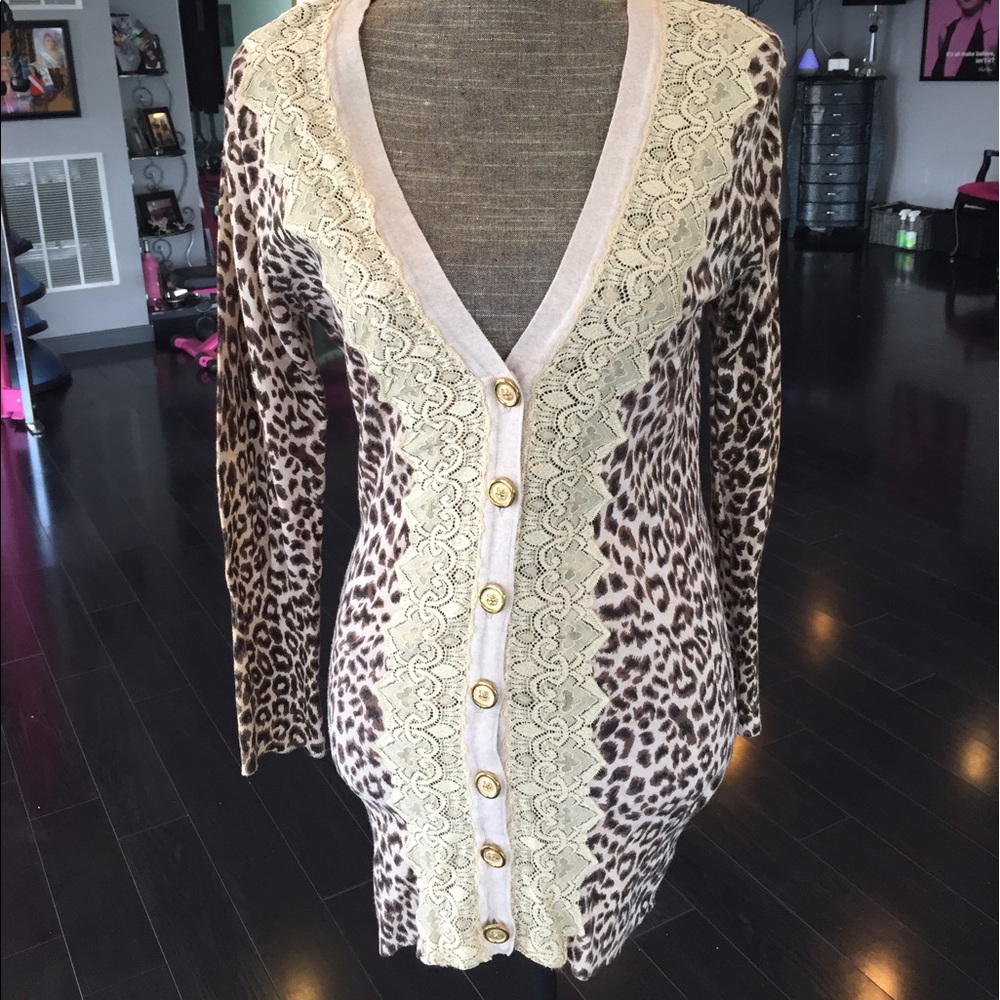Leopard and lace long button up cardigan
