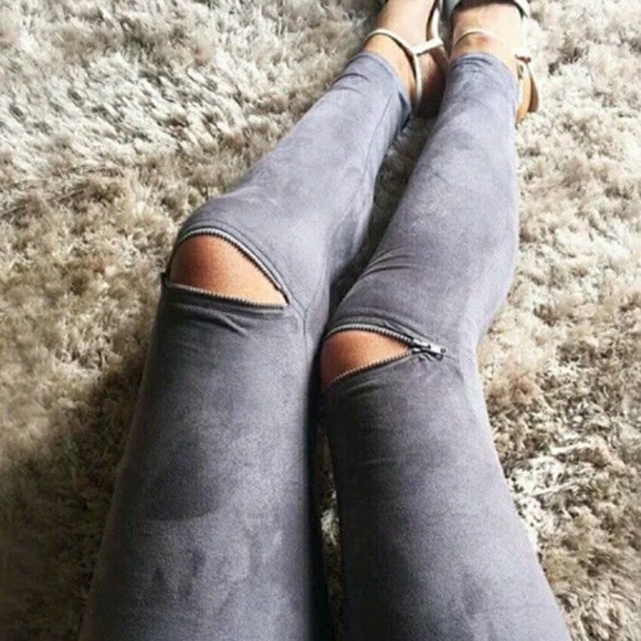 Pants - Suede Zippered leggings in gray