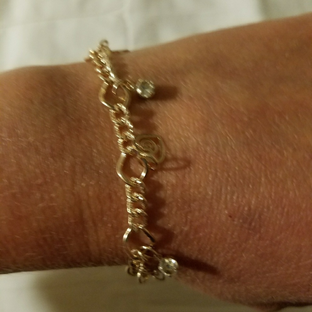 Gold hearts white rhinestones adjustable bracelet