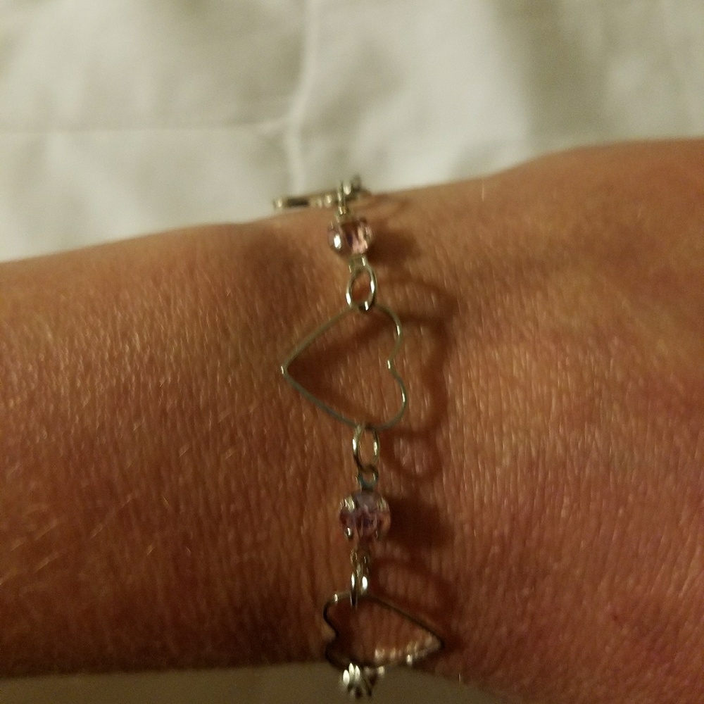 Silver hearts pink rhinestones adjustable bracelet