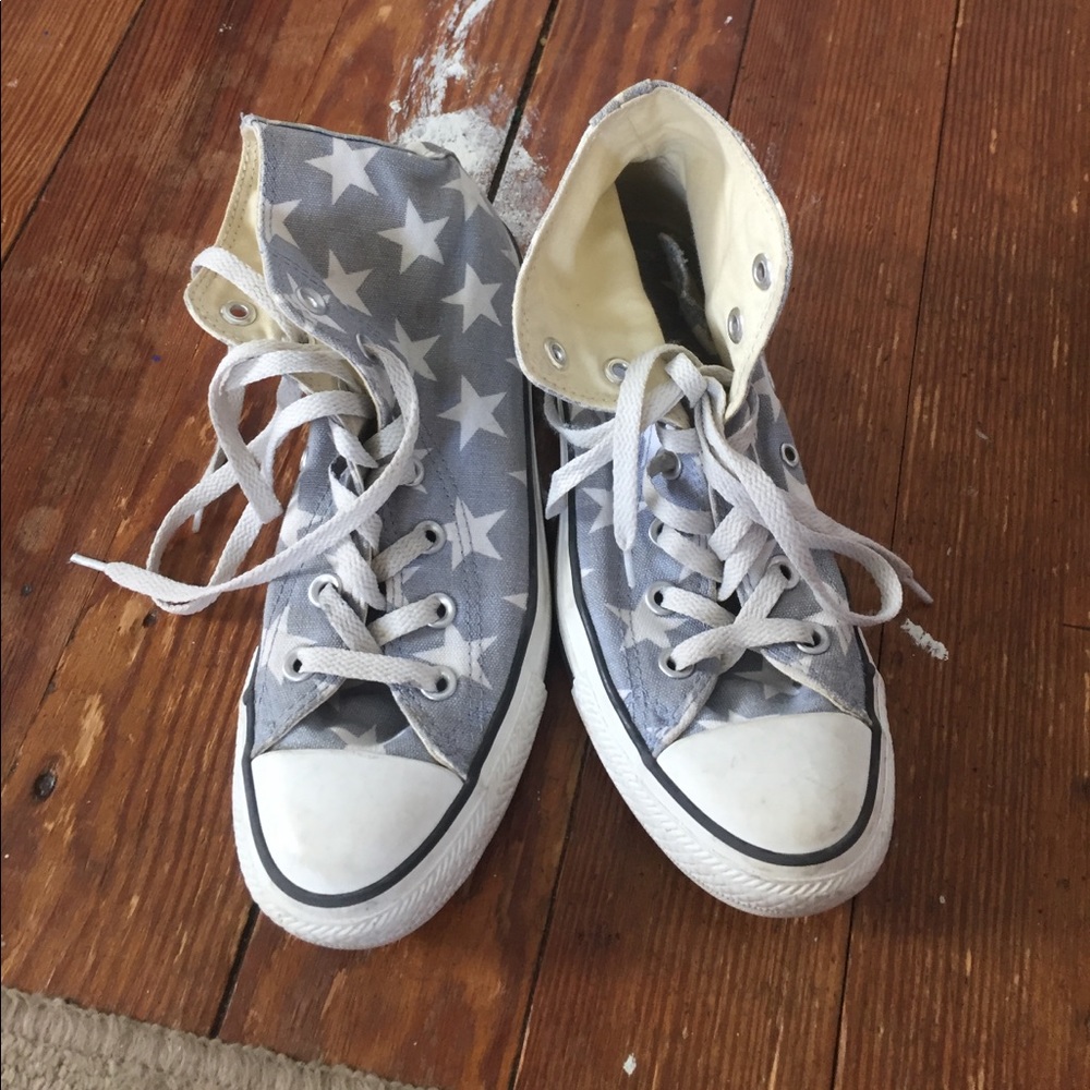 Blue and white starred high top converse