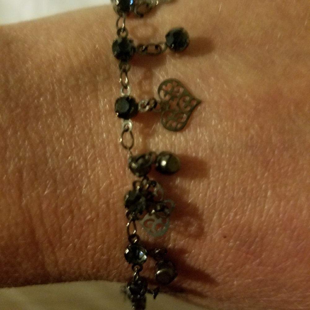 Gunmetal (black) hearts black rhinestones bracelet
