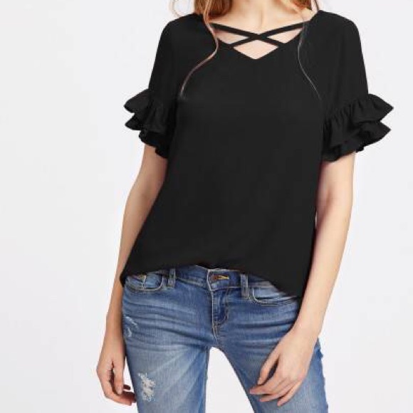 Crisscross V-Beck Ruffled Sleeved Blouse - Picture 1 of 2