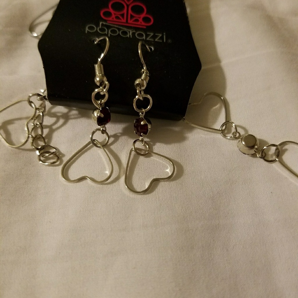 Silver hearts red rhinestones necklace & earrings