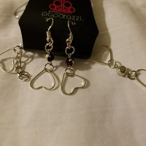 Silver hearts red rhinestones necklace & earrings