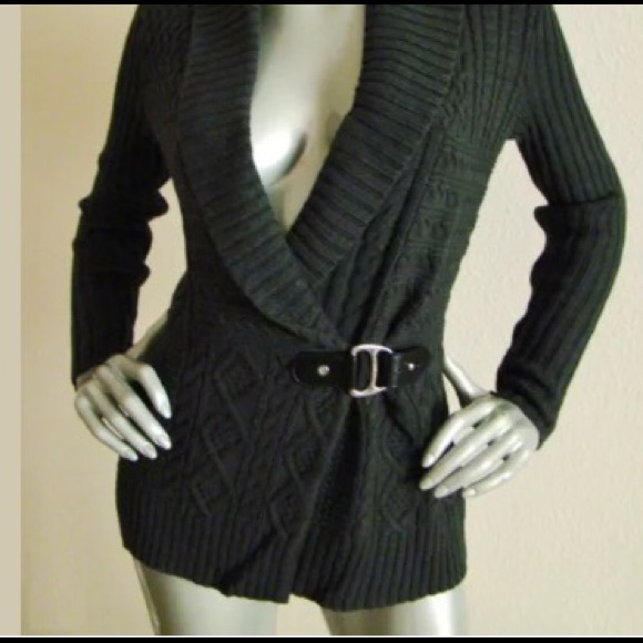 Lauren Ralph Lauren Leather Buckle Shawl Cardigan