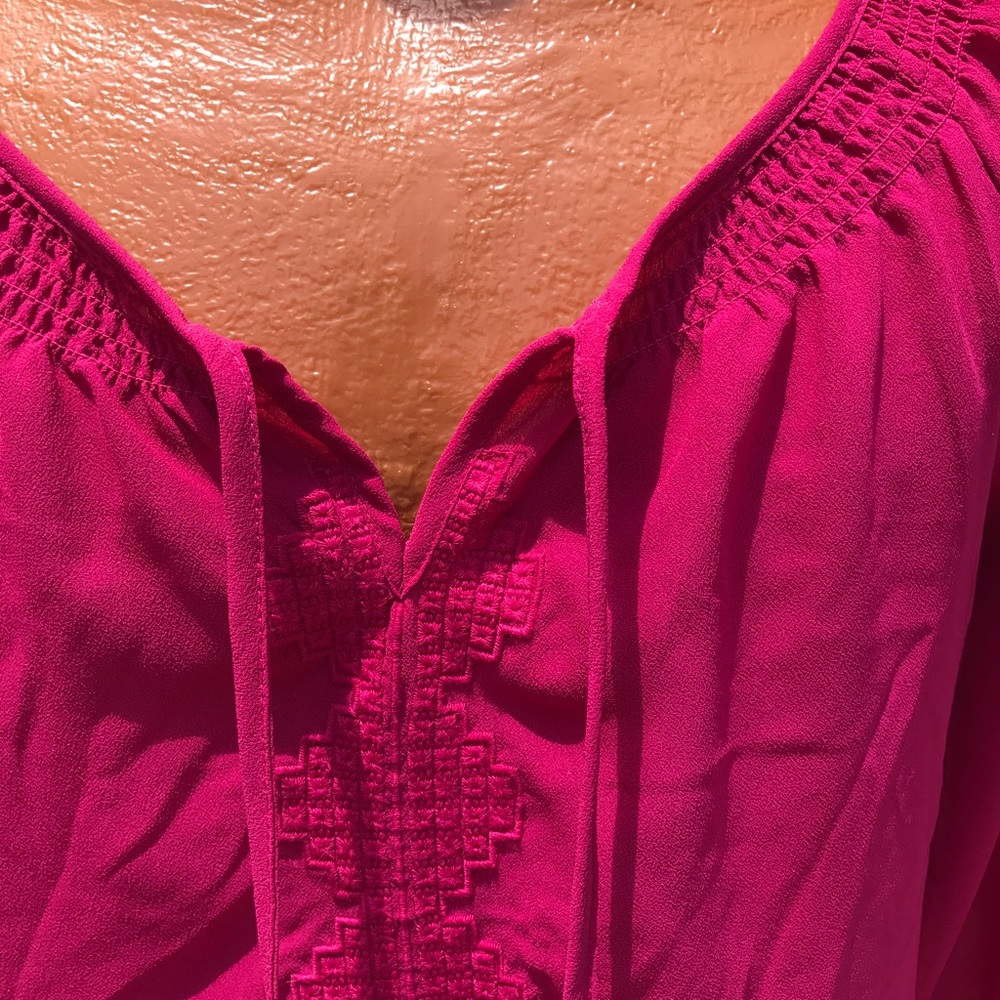 Sheer embroidered top with 3/4 length sleeves.