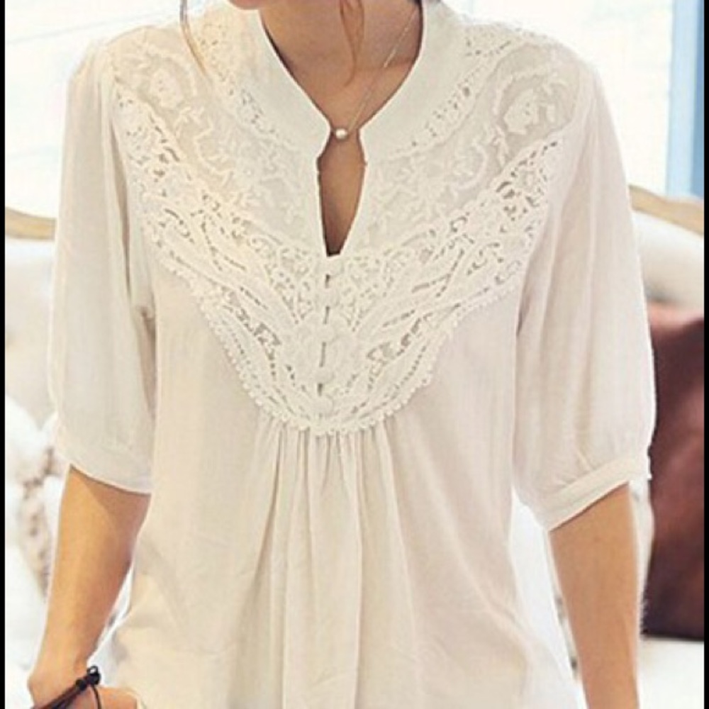 Lace patchwork smock white blouse