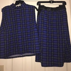 Blue and black plaid crop top and skirt set