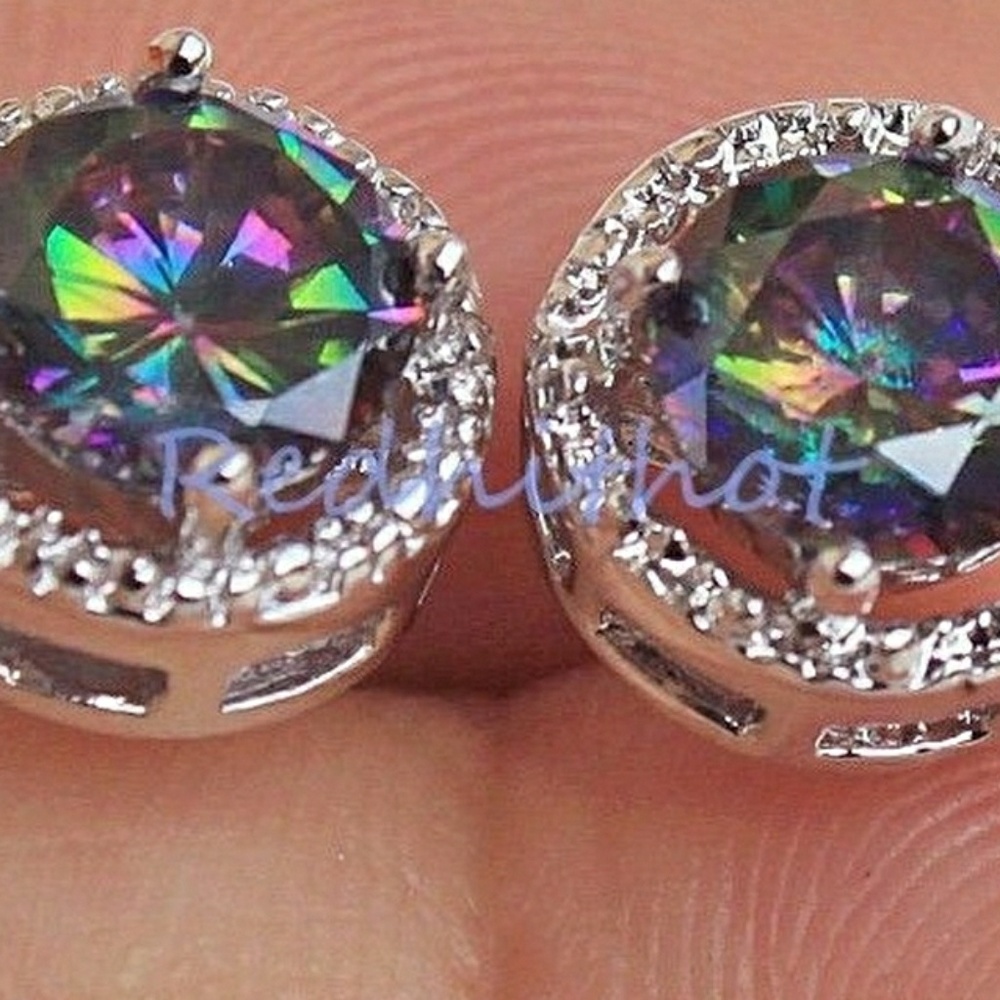 Earrings Round Mystical Topaz 18k GF. Halo Stud.