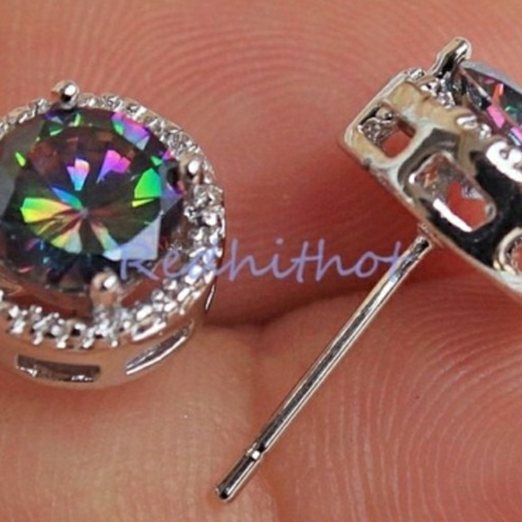 Earrings Round Mystical Topaz 18k GF. Halo Stud. - Picture 2 of 5