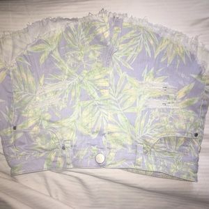 palm leaf designed jean shorts