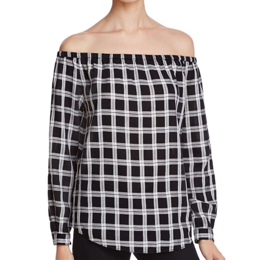 Black and white plaid off he should plaid top
