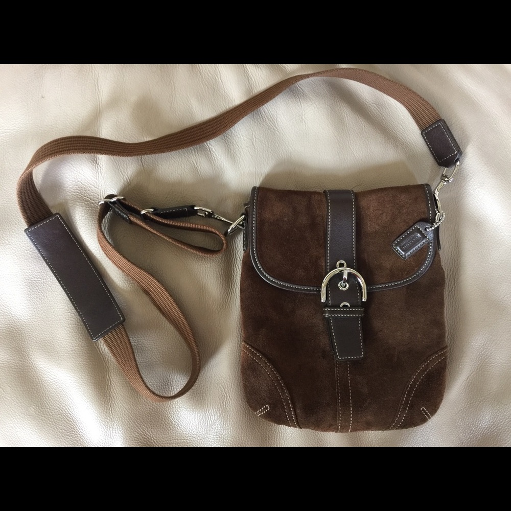Brown suede leather Coach cross body bag