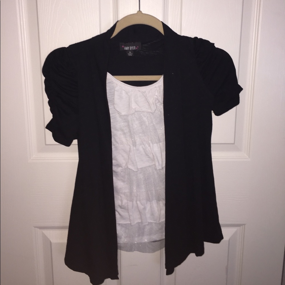 built in white top with black cardigan