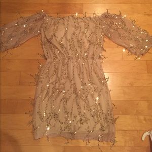 Nude Gold off the shoulder dress with sequins