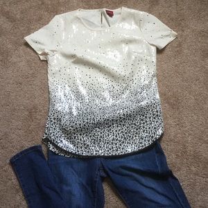 Worn Once, spotted shirt with sequins.