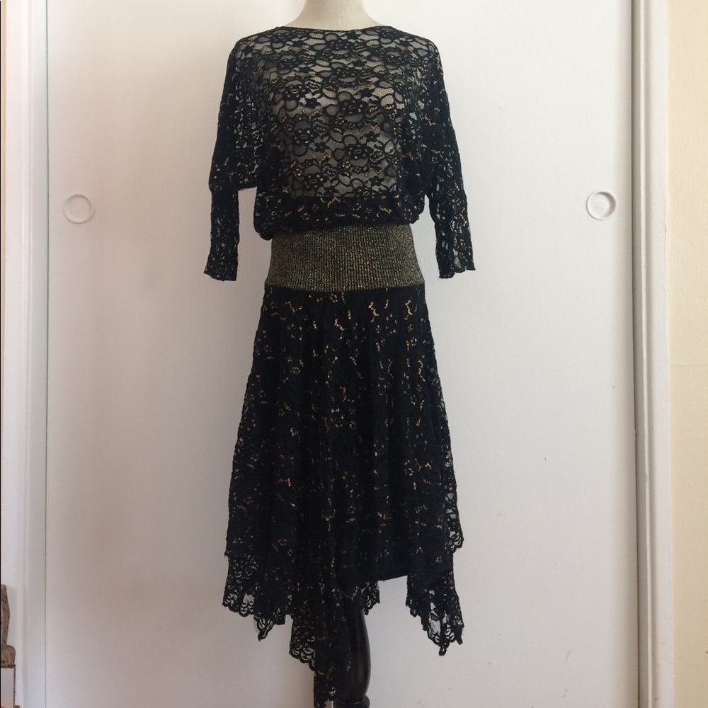 Vtg 1980's Pat Richards Black + Gold Lace Dress M