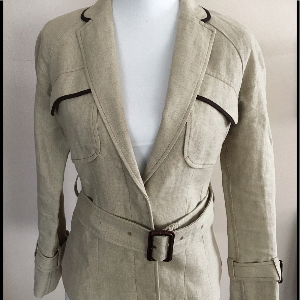 Ann Taylor linen suit Tan w/Brown piping Classic