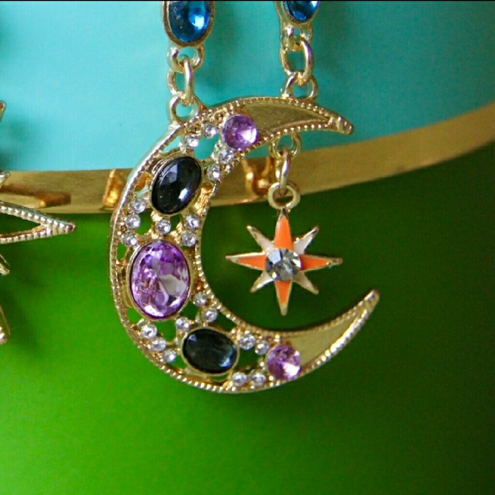 Moon & Stars Gold Rhinestone Boho Earrings - Picture 2 of 3