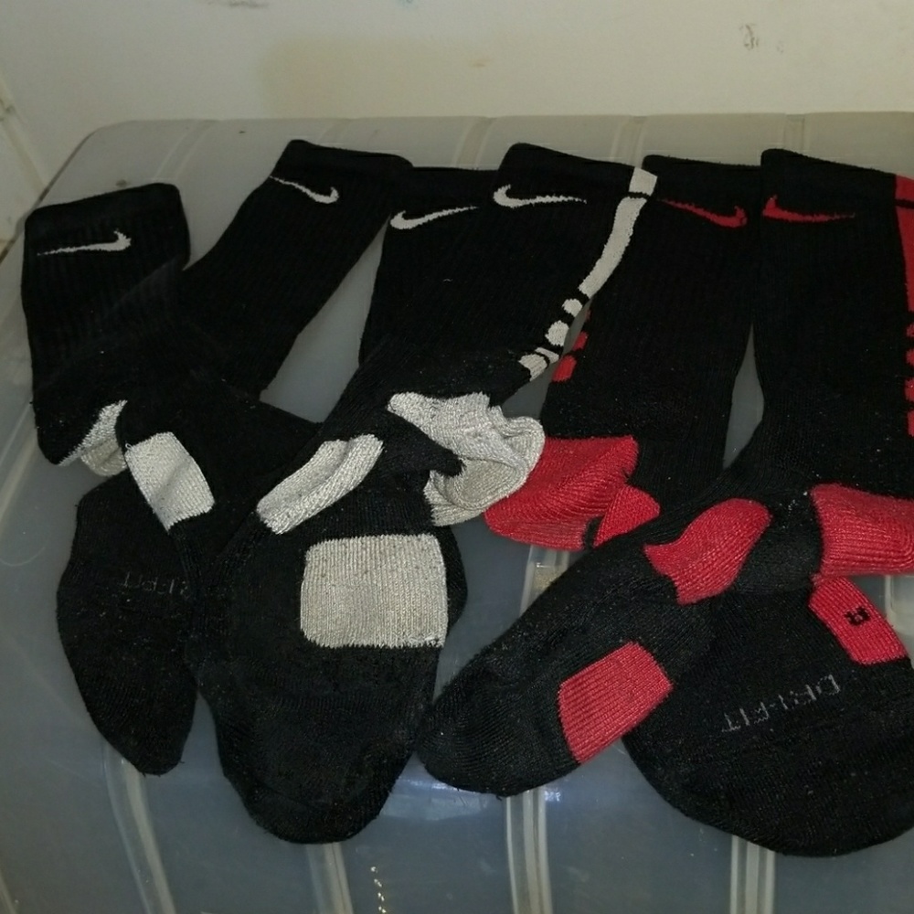 3 Nike Elite socks, 2 black white 1 black red