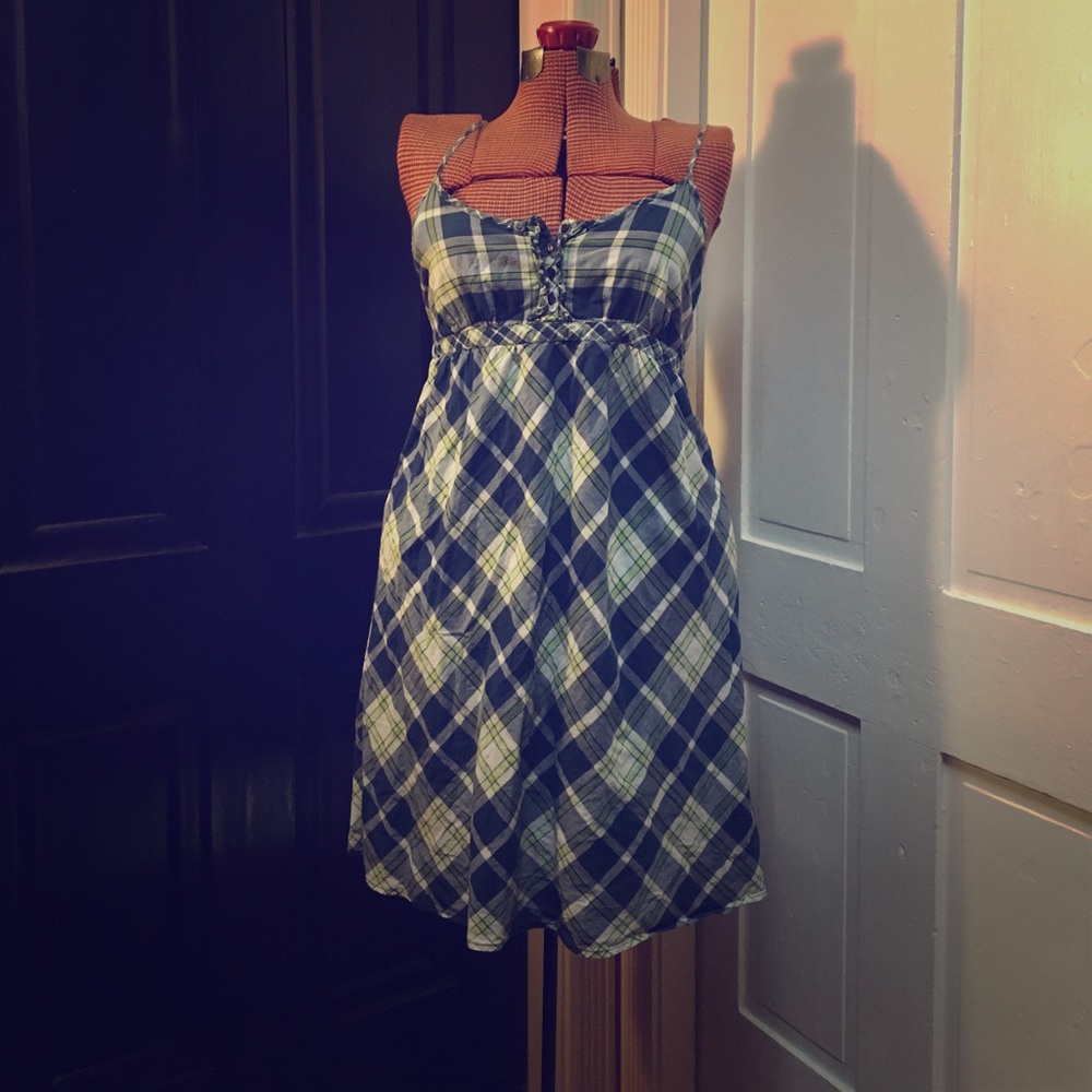 Aeropostale Blue Green Plaid Ruffle Front Sundress
