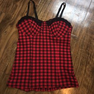 Wet seal red & black plaid stretch corset top.