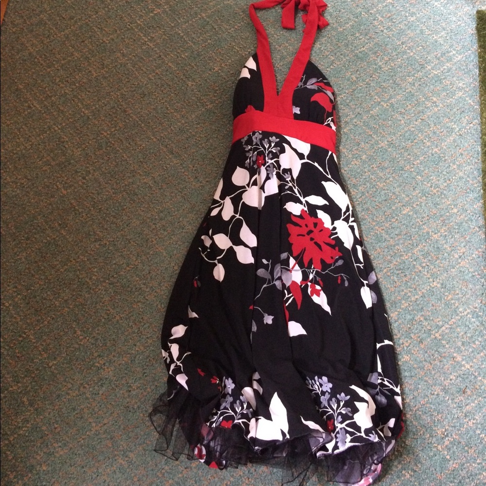 Black, white, and red dress , backless, tie back