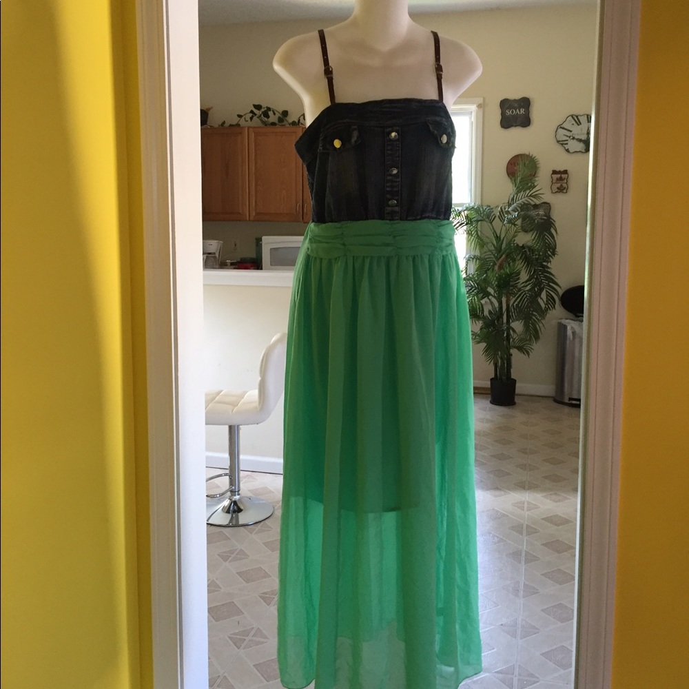 Jean and sheer green casual dress