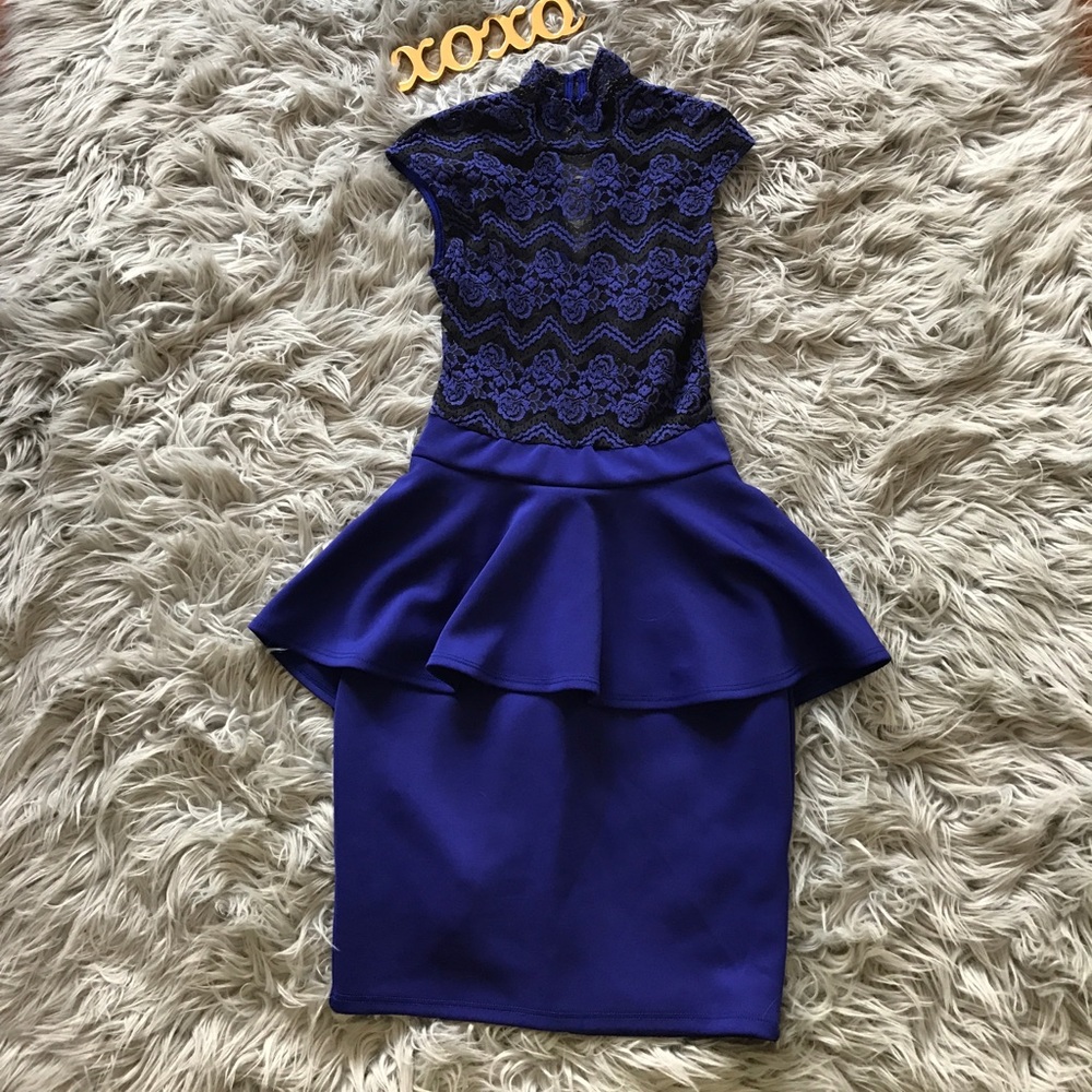 2B BeBe Peplum Party Dress With Lace Sheer Bodice.