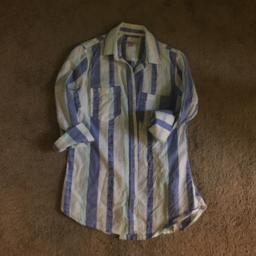 Blue mint white striped button up fitted blouse