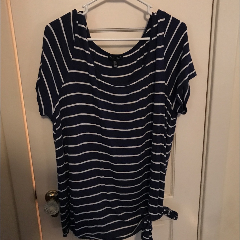 Plus size Navy w/white steipes knit side-tie top