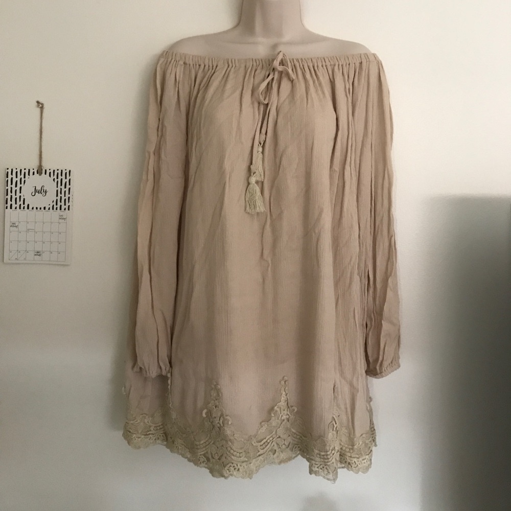 tan off the shoulder crochet lace boho dress