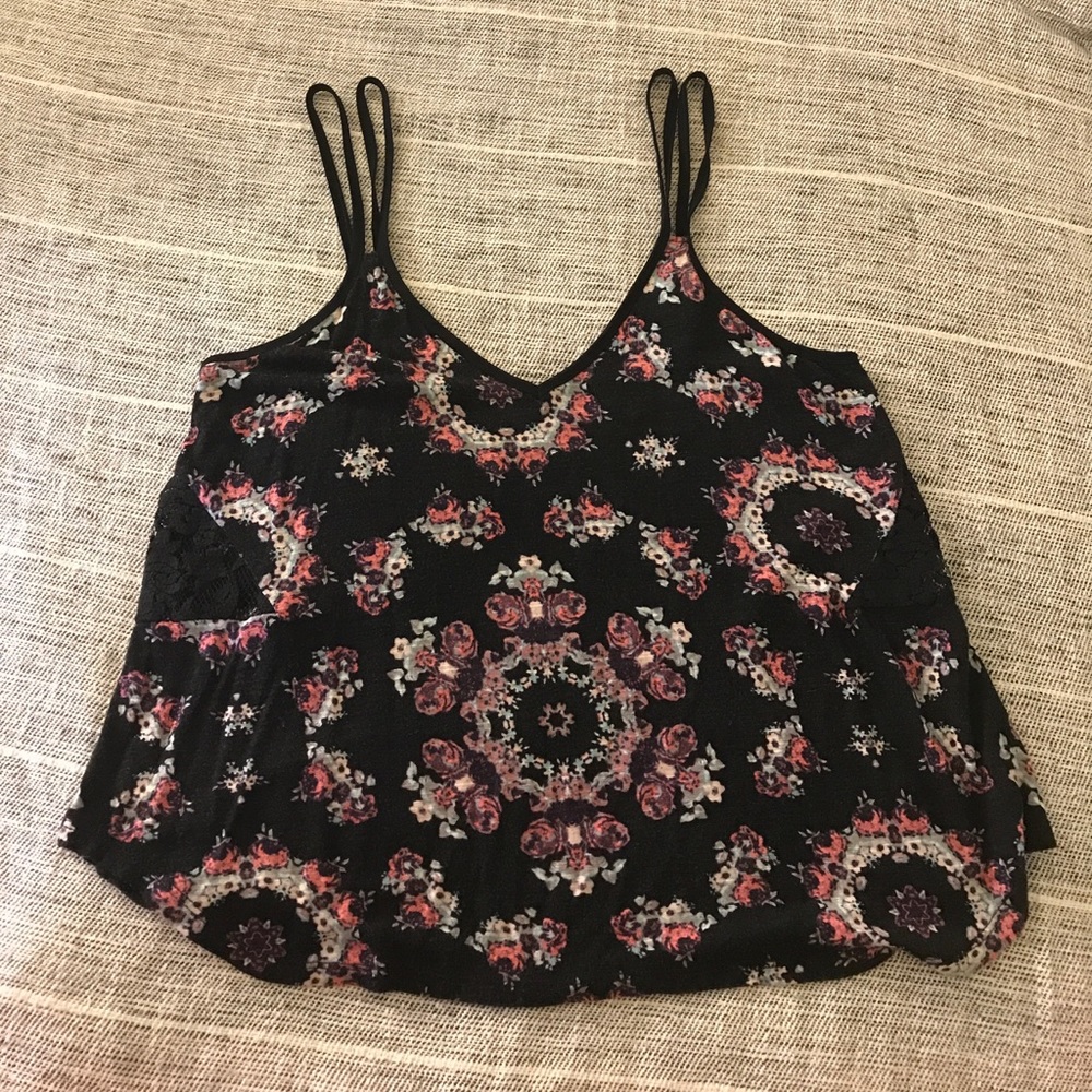 Urban Outfitters Floral Flowy Tank w Lace Cutouts