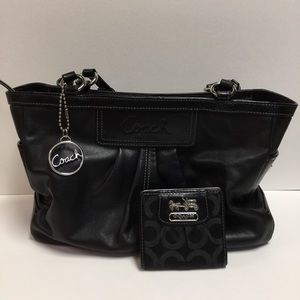 Black Leather Coach Tote + Matching Wallet