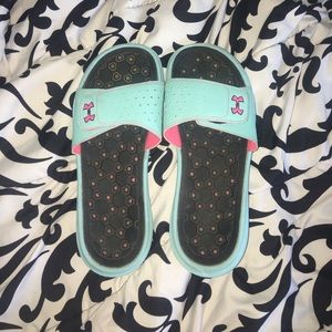 Under Armour slides, light blue and pink!