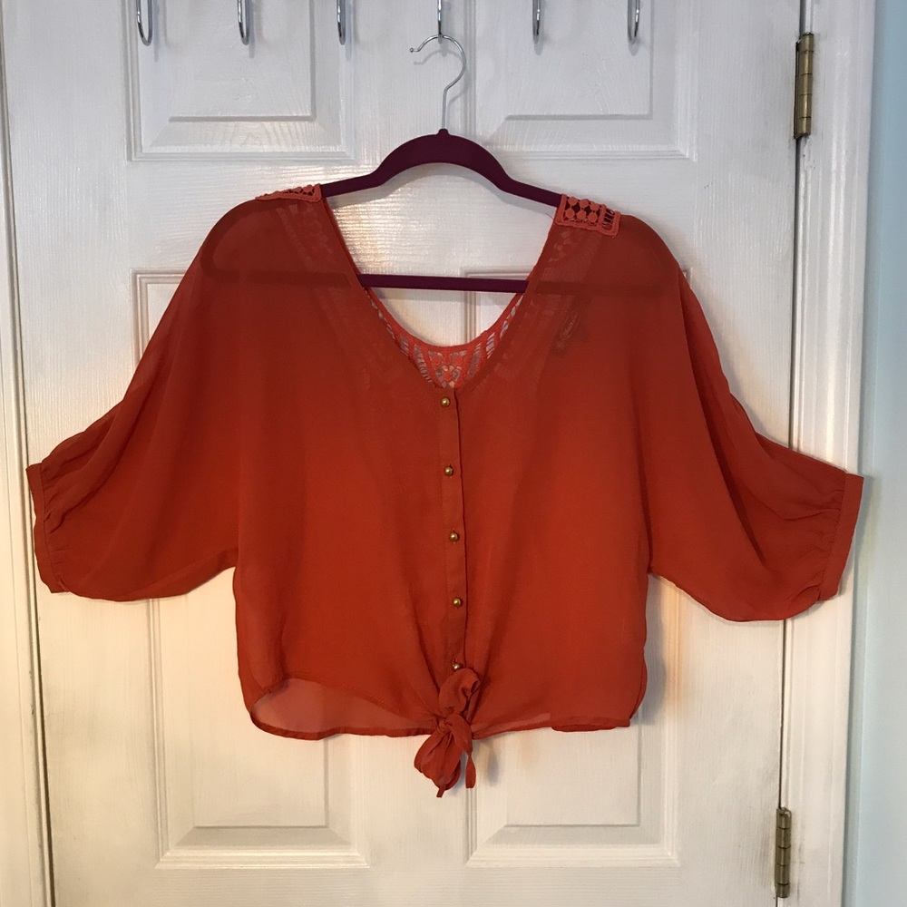 Orange Button Down Mandee Top with Crochet Back