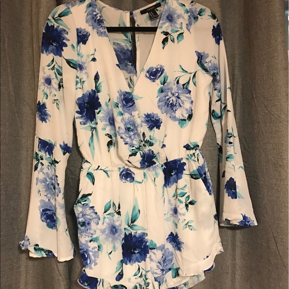 white and blue floral romper