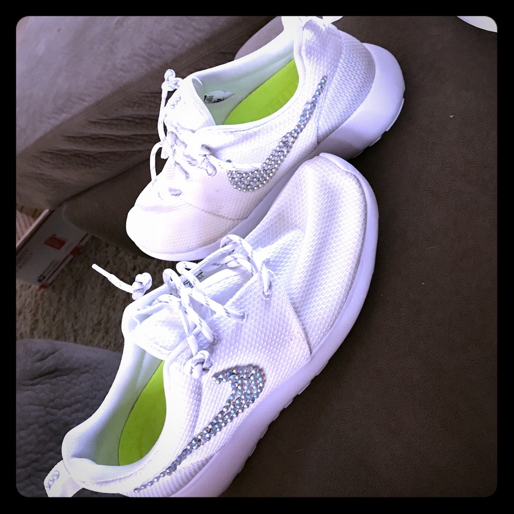 Bedazzled all white Nike Roshes