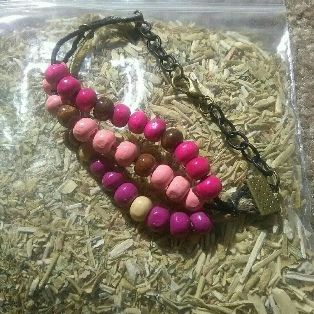 Handmade pink wooden beaded boho bracelet