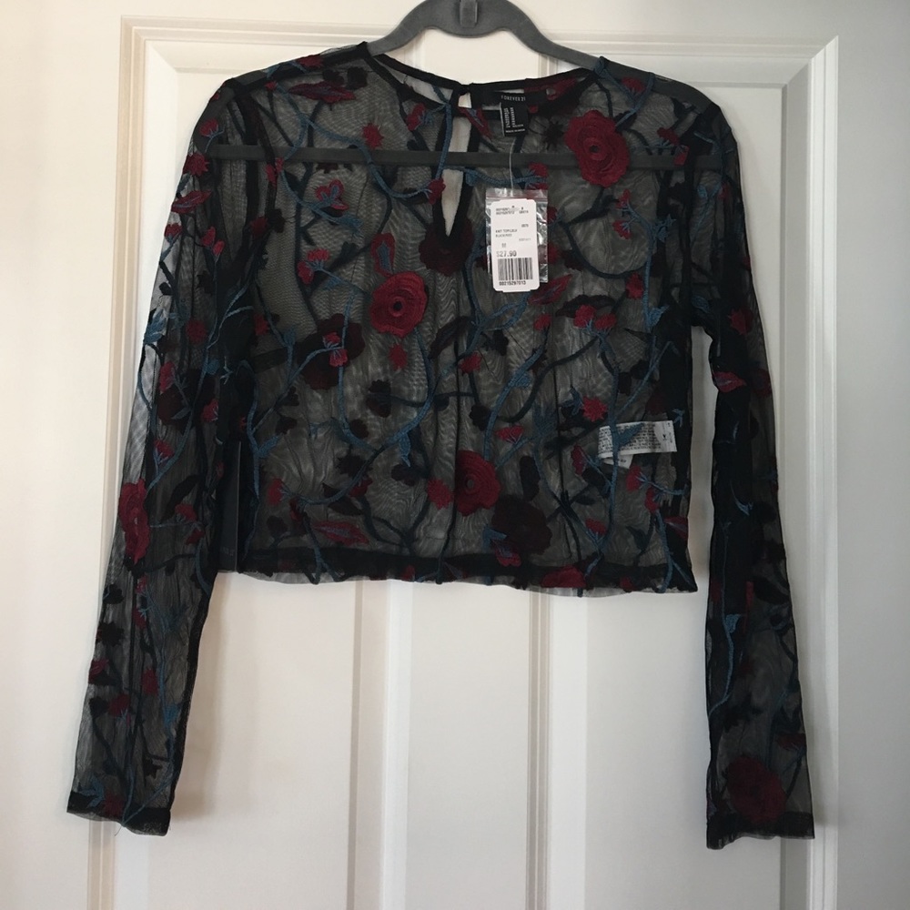 Forever 21 sheer crop top, rose embroidery.