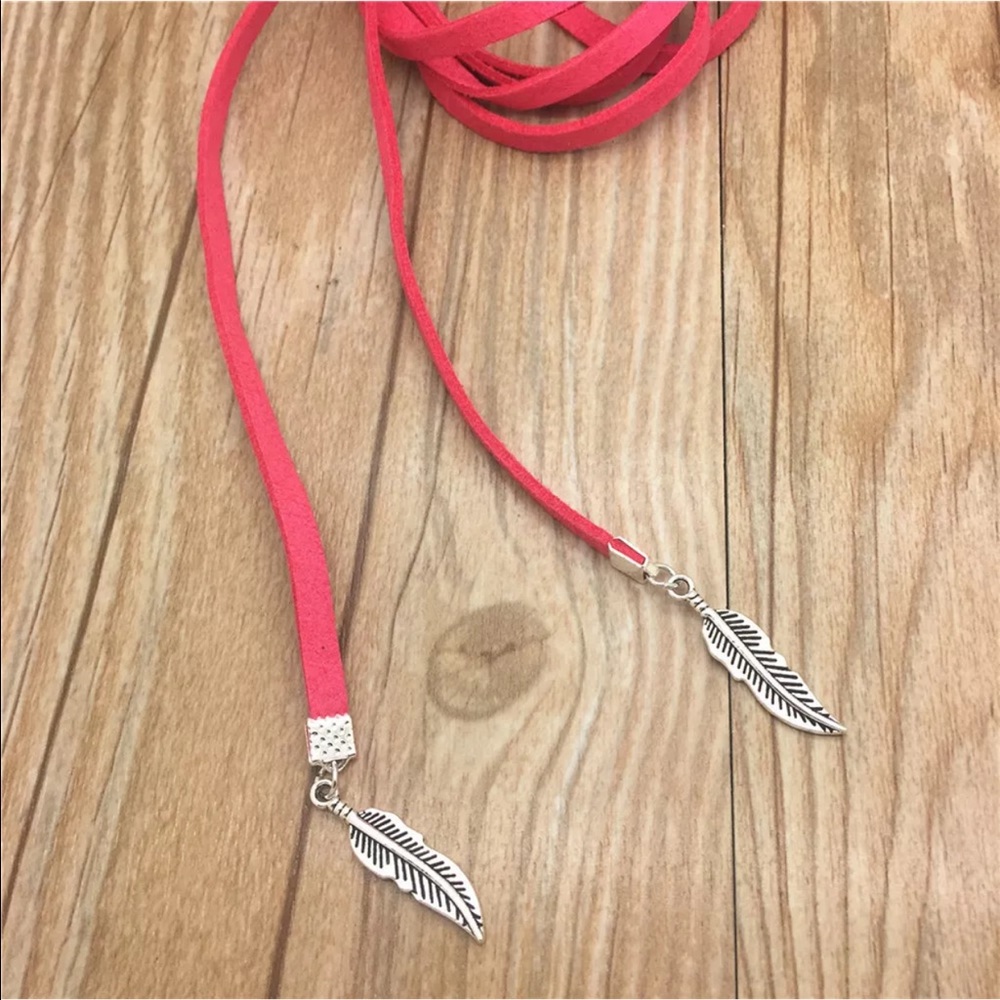 5/$25 long strand pink choker necklace feather