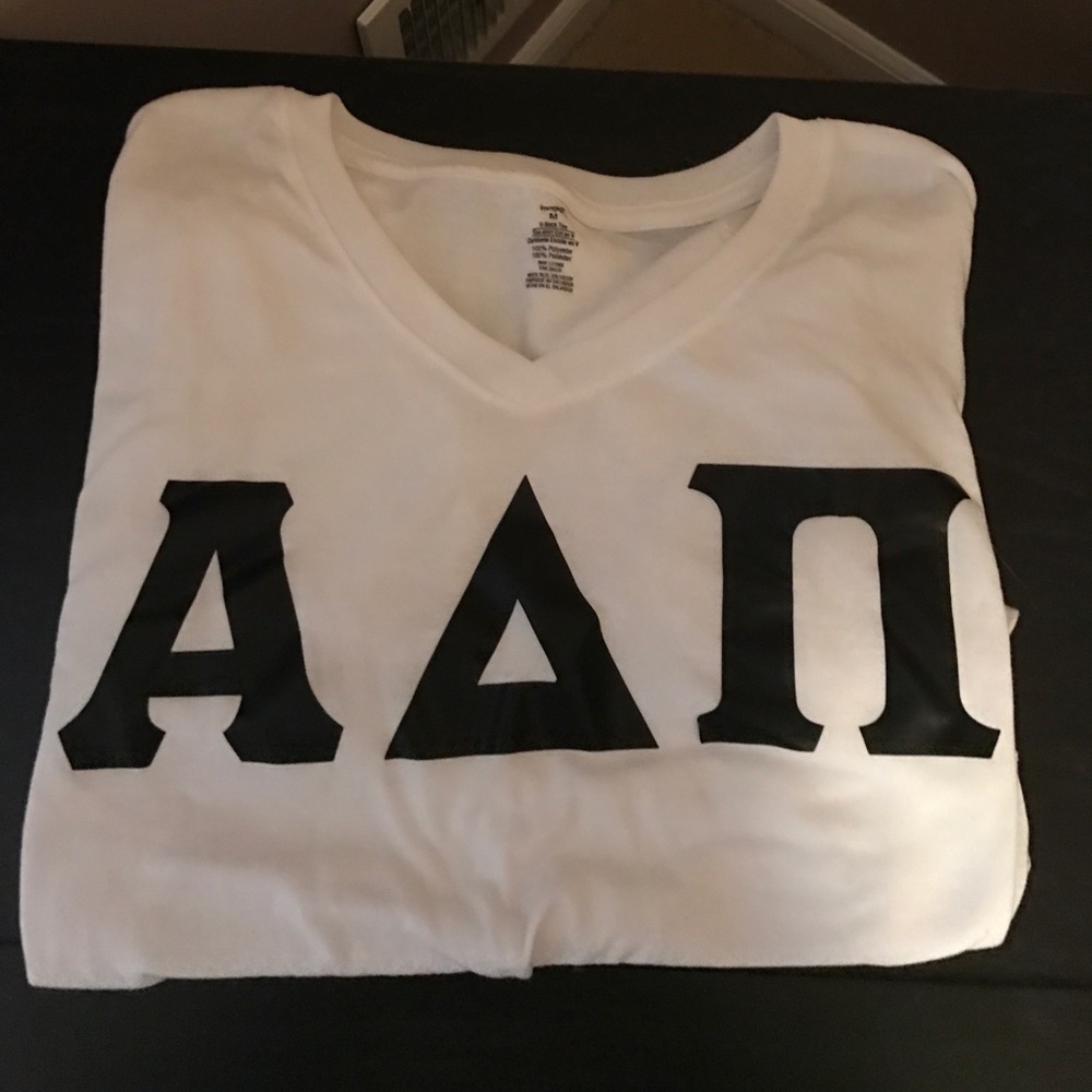 ADPI letters white tee with black letters