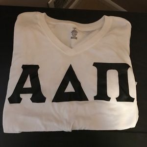 ADPI letters white tee with black letters