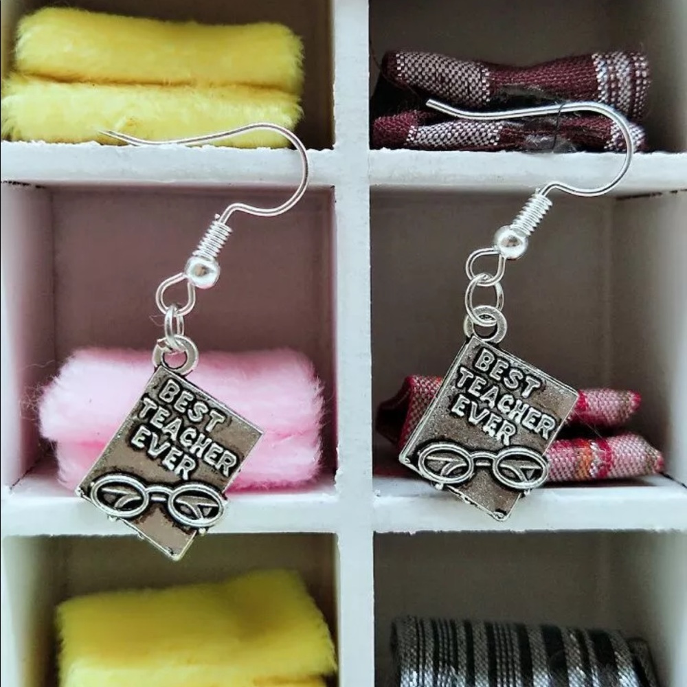 5/$25 silver best teacher book earrings